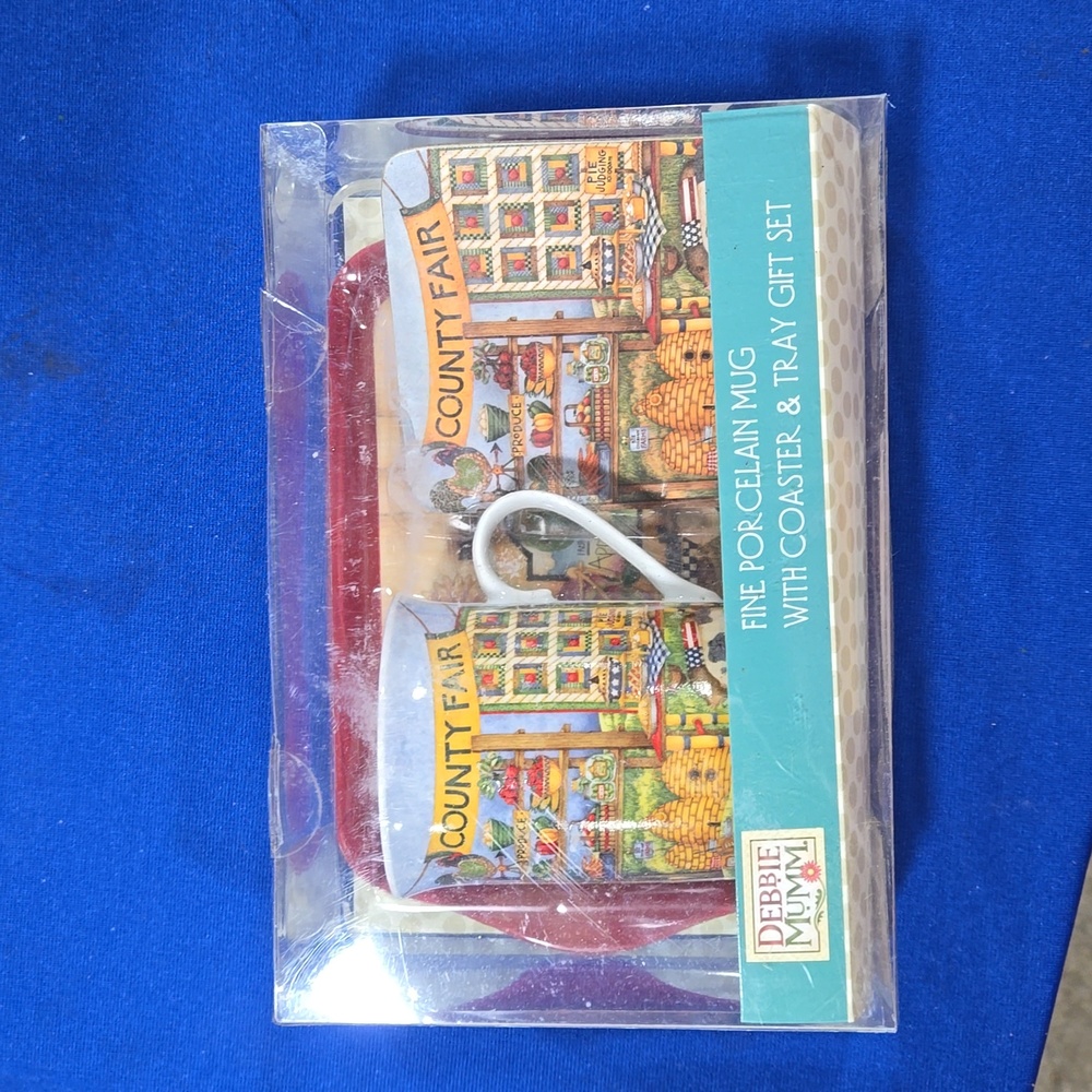 Debbie Mumm County Fair themed mug coaster tray set NEW NIB